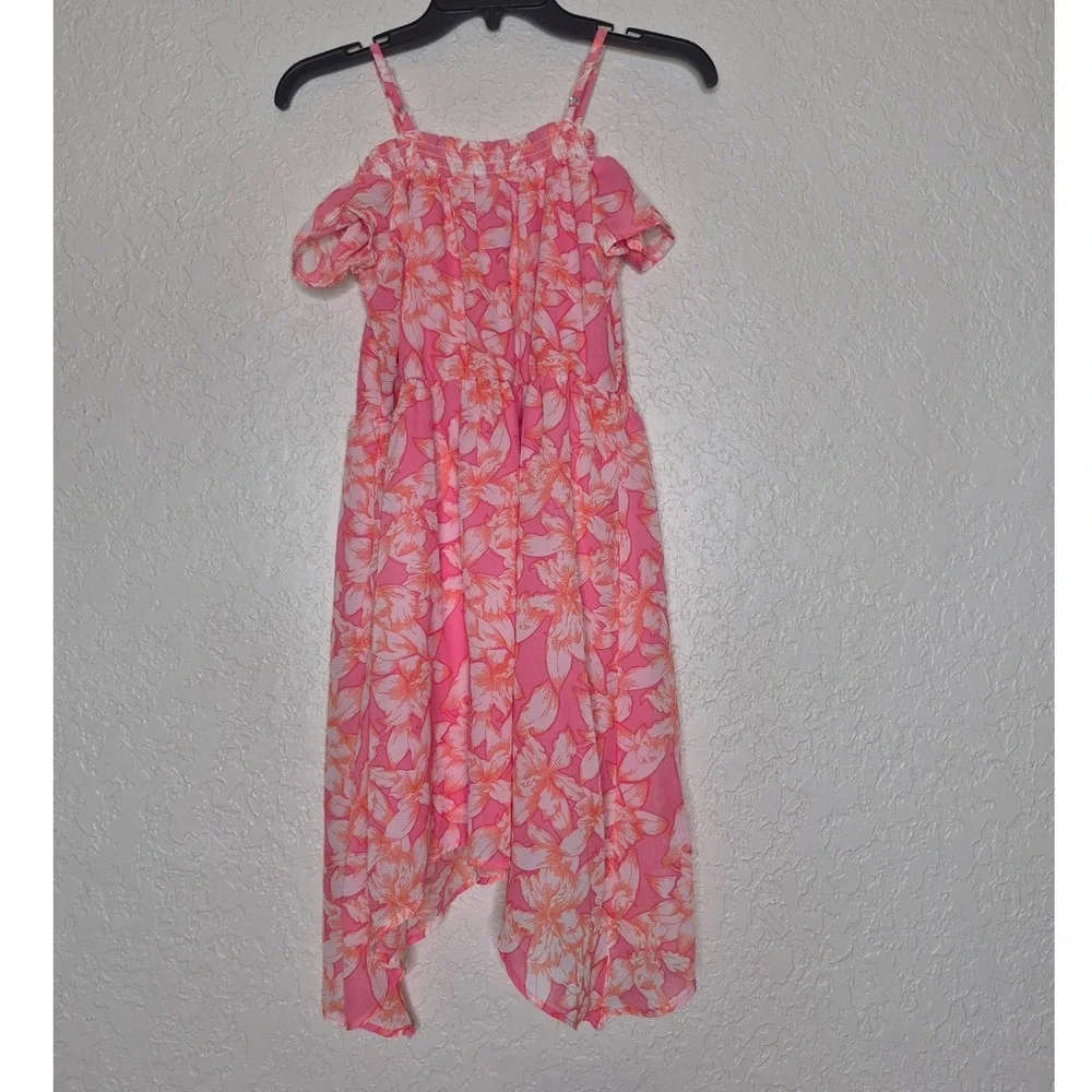 The Childrens Place Girls Pink Floral Cold Shoulder Handkerchief Hem Dress 10/12